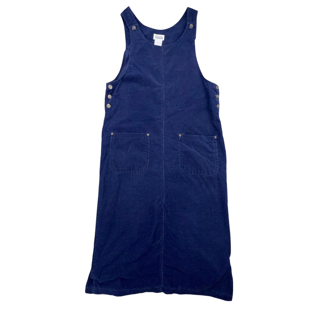 Vintage Basic Editions Navy Corduroy Jumper Dress Womens M Maxi‎ Pinafore 45"